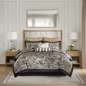 12 Piece Comforter Set With Cotton Bed Sheets Black King (Color: BLACK)